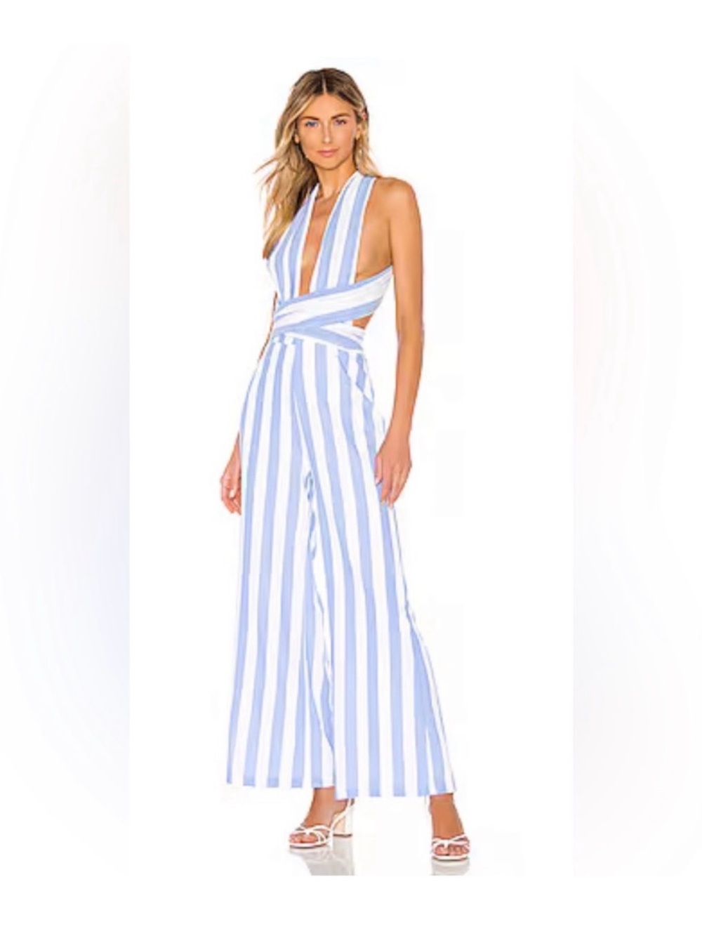 superdown Blue & White Striped Halter Wrap Jumpsuit